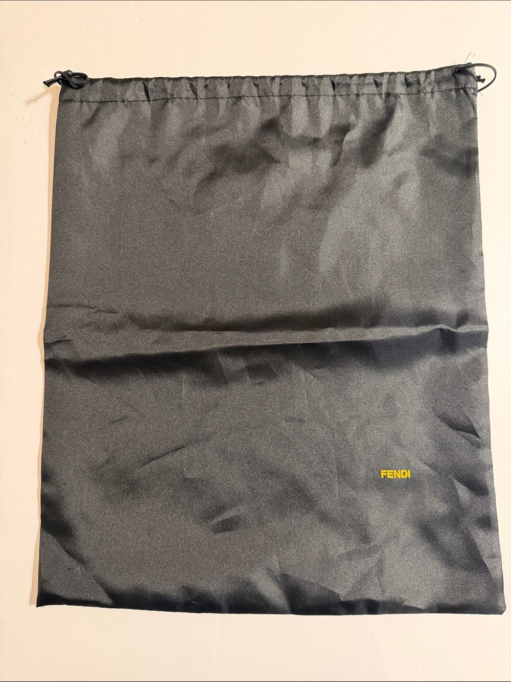 Fendi Satin Black Drawstring Dust Pouch with Yellow Logo 13”x15.5” NWOT